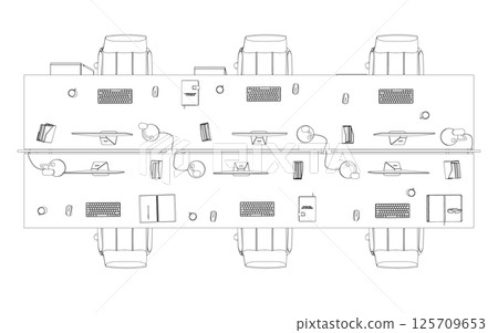 Contour Office room. There are tables, chairs, computers, case for documents and other objects. Office interior with furniture. Modern business workplace or workspace design. Vector illustration. 3D Contour Office room. There are tables, chairs, computers, case for documents and other objects. Office interior with furniture. Modern business workplace or workspace design. Vector illustration. 3D 125709653