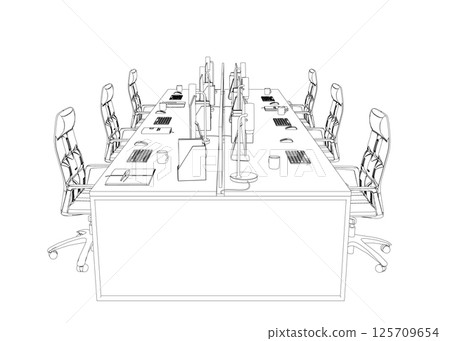 Contour Office room. There are tables, chairs, computers, case for documents and other objects. Office interior with furniture. Modern business workplace or workspace design. Vector illustration. 3D Contour Office room. There are tables, chairs, computers, case for documents and other objects. Office interior with furniture. Modern business workplace or workspace design. Vector illustration. 3D 125709654