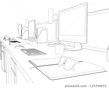 Contour Office room. There are tables, chairs, computers, case for documents and other objects. Office interior with furniture. Modern business workplace or workspace design. Vector illustration. 3D Contour Office room. There are tables, chairs, computers, case for documents and other objects. Office interior with furniture. Modern business workplace or workspace design. Vector illustration. 3D 125709655