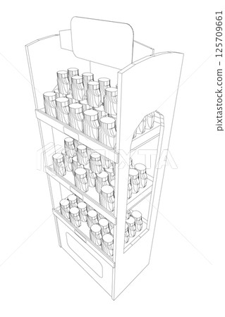 Grocery shop showcase. Supermarket with food product shelves, racks. Store vector concept Grocery shop showcase. Supermarket with food product shelves, racks. Store vector concept 125709661