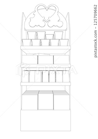 Grocery shop showcase. Supermarket with food product shelves, racks. Store vector concept Grocery shop showcase. Supermarket with food product shelves, racks. Store vector concept 125709662