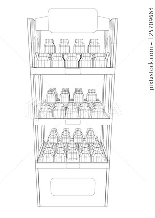 Grocery shop showcase. Supermarket with food product shelves, racks. Store vector concept Grocery shop showcase. Supermarket with food product shelves, racks. Store vector concept 125709663