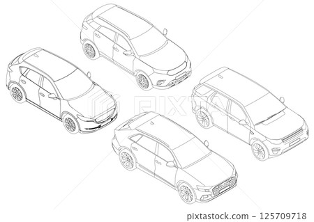 Set of contours different models of cars. Vector flat style illustration. Isometric view car vector illustration. 3D. 125709718