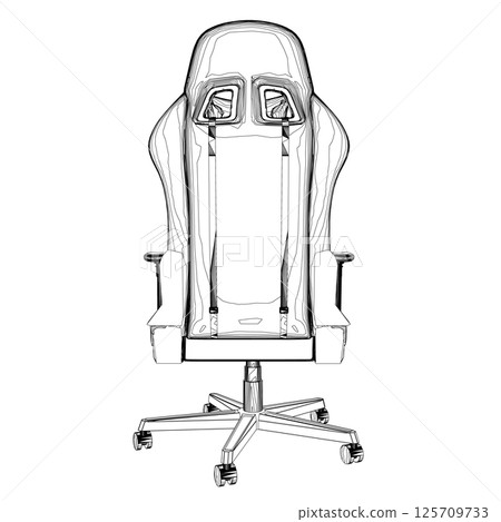 Gaming chair contour vector illustration. Drawing of computer chair, comfortable equipment for gaming isolated on white background. Furniture, gaming, comfort concept. Back view. 125709733