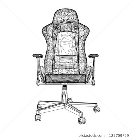 Gaming chair wireframe vector illustration. Drawing of computer chair, comfortable equipment for gaming isolated on white background. Furniture, gaming, comfort concept. 3D. 125709739