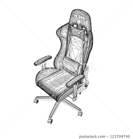 Gaming chair wireframe vector illustration. Drawing of computer chair, comfortable equipment for gaming isolated on white background. Furniture, gaming, comfort concept. 3D. 125709740