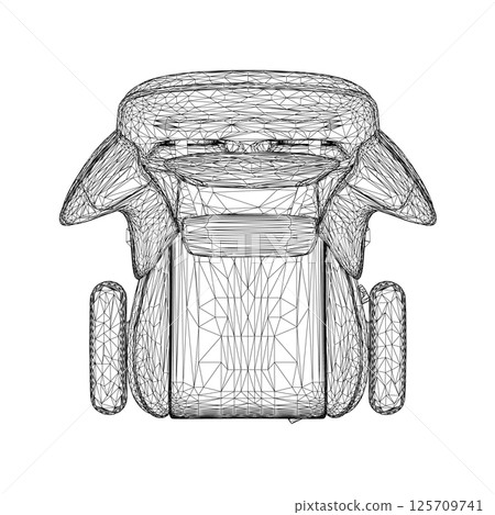 Gaming chair wireframe vector illustration. Drawing of computer chair, comfortable equipment for gaming isolated on white background. Furniture, gaming, comfort concept. 3D. 125709741