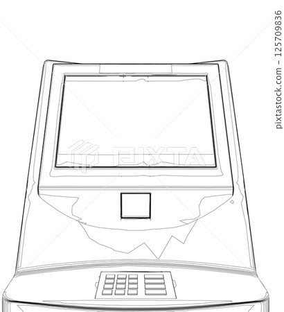 Contour ATM with display. Bank terminal for transaction, withdraw money and deposit to account. Vector illustration of outline cash machine with copy space for your text. Contour ATM with display. Bank terminal for transaction, withdraw money and deposit to account. Vector illustration of outline cash machine with copy space for your text. 125709836