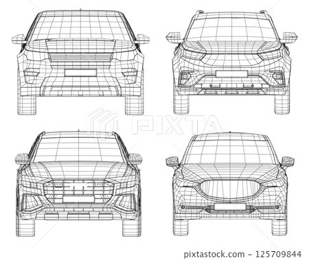 Set of wireframe different models of cars. Vector flat style illustration. Front view car vector illustration. 3D Set of wireframe different models of cars. Vector flat style illustration. Front view car vector illustration. 3D 125709844