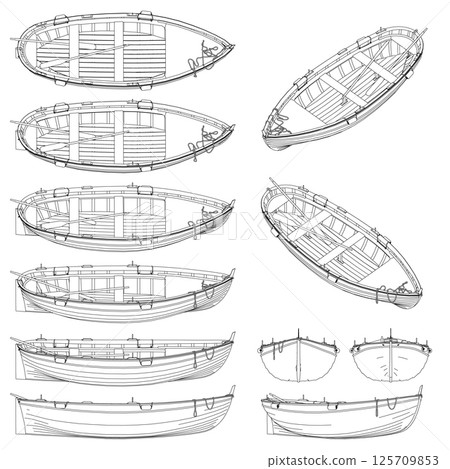 Set with outline of fishing wooden boat in different positions from black lines isolated on white background. Vector illustration. 125709853