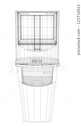 Wireframe ATM with display. Bank terminal for transaction, withdraw money and deposit to account. Vector illustration of outline cash machine with copy space for your text. 3D Wireframe ATM with display. Bank terminal for transaction, withdraw money and deposit to account. Vector illustration of outline cash machine with copy space for your text. 3D 125710022