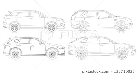 Set of contours different models of cars. Vector flat style illustration. Side view car vector illustration 125710025