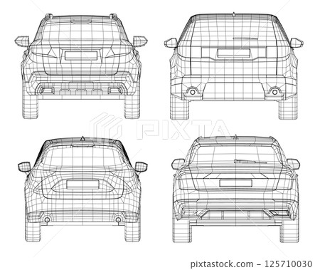 Set of wireframe different models of cars. Vector flat style illustration. Back view car vector illustration. 3D. 125710030