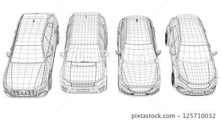 Set of wireframe different models of cars. Vector flat style illustration. Front view car vector illustration. 3D Set of wireframe different models of cars. Vector flat style illustration. Front view car vector illustration. 3D 125710032