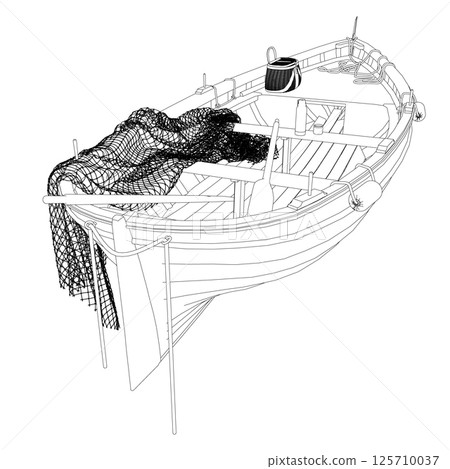 Contour vector illustration of the fishing boat with net. Perspective view. 3D. 125710037
