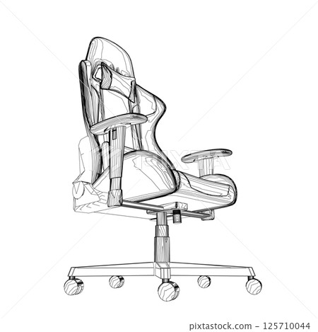 Gaming chair contour vector illustration. Drawing of computer chair, comfortable equipment for gaming isolated on white background. Furniture, gaming, comfort concept. Isometric view. 125710044