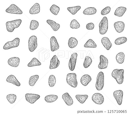 Set of wireframe pebbles and natural stones. Hand drawn illustration vector. Isolated on white background. Set of wireframe pebbles and natural stones. Hand drawn illustration vector. Isolated on white background. 125710065
