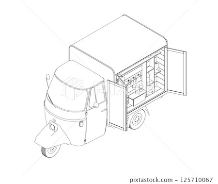 Contour Alcohol truck, outdoor bar. Street vendor selling drinks, beverages at caravan counter. Bartender at window of wheeled mobile alcohol bar. Flat vector illustration isolated on white background Contour Alcohol truck, outdoor bar. Street vendor selling drinks, beverages at caravan counter. Bartender at window of wheeled mobile alcohol bar. Flat vector illustration isolated on white background 125710067
