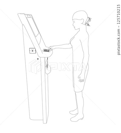 Contour Woman withdraws money from an ATM. Outline of Young woman uses terminal. Young Woman Standing At ATM Machine. Vector illustration in flat style. 125710215