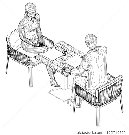 Outline of man and woman sitting on chairs opposite each other at the table. Job interview. Isometric view. Vector illustration. 3D 125710221