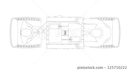 Outline of man and woman sitting on chairs opposite each other at the table. Job interview. Top view. Vector illustration. 125710222