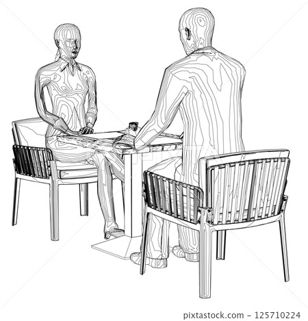 Outline of man and woman sitting on chairs opposite each other at the table. Job interview. Perspective view. Vector illustration. 3D 125710224