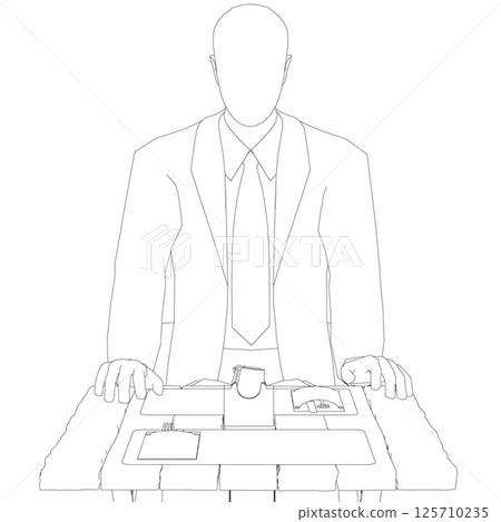 Outline of a man in a suit with a tie sitting at a table. First person view. Vector illustration. 125710235