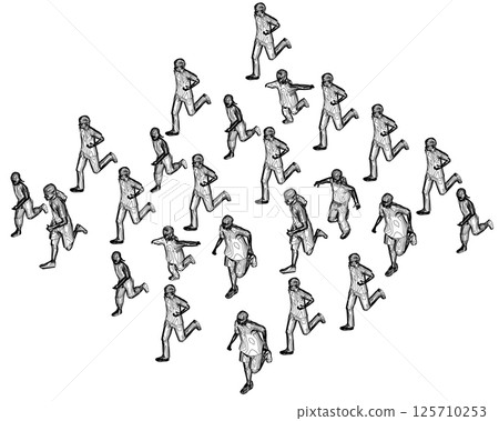 Outline of running people from black lines isolated on white background. Men, women and children running. Isometric view. Vector illustration. 3D 125710253