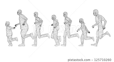 Wireframe of running people from black lines isolated on white background. Men, women and children running. Vector illustration. 3D 125710260