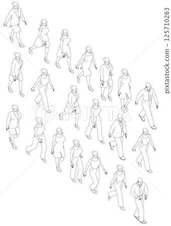 Set with contours of walking people from black lines isolated on white background. Men and women walking. Isometric view. Vector illustration. 3D. 125710263