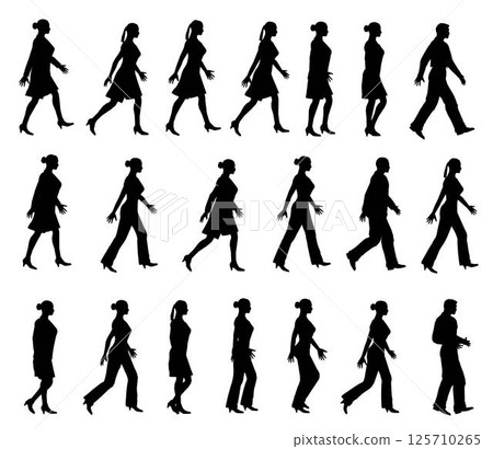 Set with silhouette of walking people isolated on white background. Men and women walking. Vector illustration. Set with silhouette of walking people isolated on white background. Men and women walking. Vector illustration. 125710265