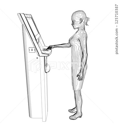 Contour Woman withdraws money from an ATM. Outline of Young woman uses terminal. Young Woman Standing At ATM Machine. Vector illustration in flat style. 125710387