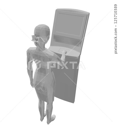 Polygonal model of Woman withdraws money from an ATM. Young woman uses terminal. Young Woman Standing At ATM Machine. Vector illustration in flat style. 3D 125710389