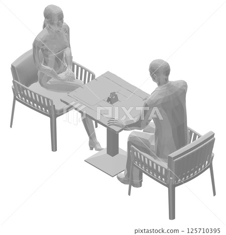 Polygonal model of man and woman sitting on chairs opposite each other at the table. Job interview. Vector illustration. 3D Polygonal model of man and woman sitting on chairs opposite each other at the table. Job interview. Vector illustration. 3D 125710395
