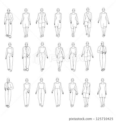 Set with contours of walking people from black lines isolated on white background. Men and women walking. Front view. Vector illustration. Set with contours of walking people from black lines isolated on white background. Men and women walking. Front view. Vector illustration. 125710425