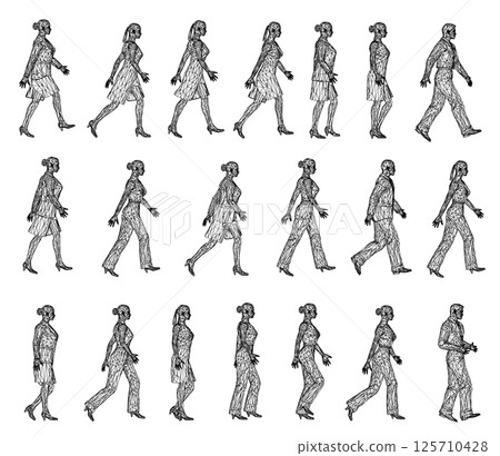 Set with contours of walking people from black lines isolated on white background. Men and women walking. Vector illustration. Set with contours of walking people from black lines isolated on white background. Men and women walking. Vector illustration. 125710428