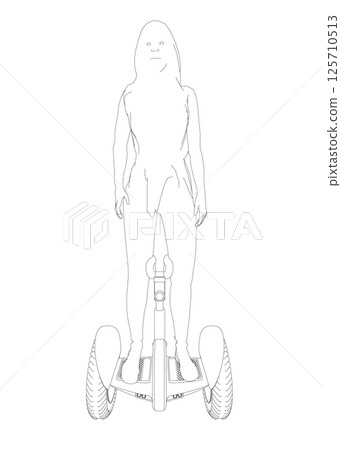 Outline of a girl standing on a segway made of black lines isolated on a white background. Girl riding a segway. Front view. Vector illustration. 125710513
