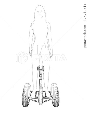 Outline of a girl standing on a segway made of black lines isolated on a white background. Girl riding a segway. Front view. Vector illustration. 125710514