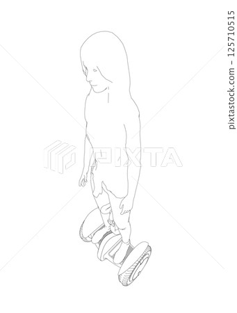 Outline of a girl standing on a segway made of black lines isolated on a white background. Girl riding a segway. Front view. Vector illustration. 125710515