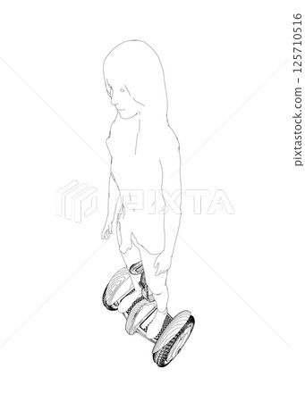 Outline of a girl standing on a segway made of black lines isolated on a white background. Girl riding a segway. Front view. Vector illustration. 125710516