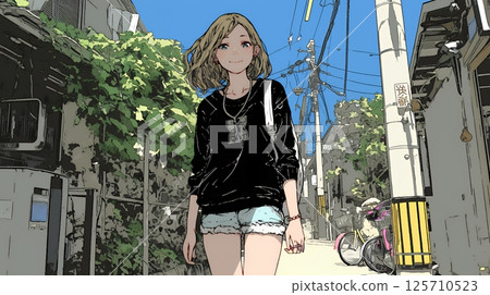 一位年輕女子在休息日在附近散步 125710523