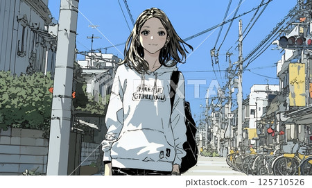 一位年輕女子在休息日在附近散步 125710526