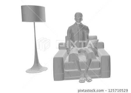 Polygonal model of a man in shorts sitting in a chair next to a bookcase with books. Vector illustration. 3D 125710529