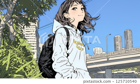 A young woman taking a walk around her neighborhood on her day off 125710540