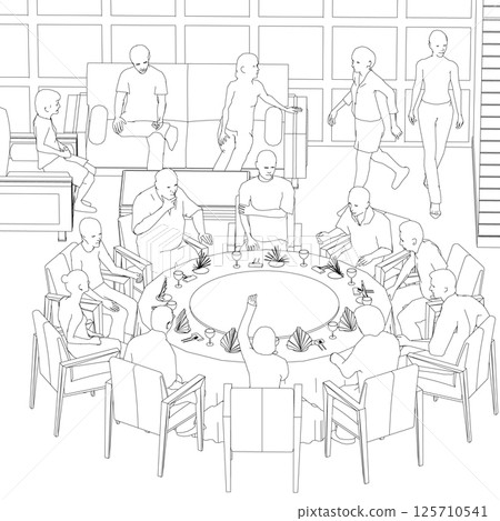 Outline of people sitting in restaurant on chairs and sofa from black lines isolated on white background. Restaurant interior. Isometric view. Vector illustration. 125710541