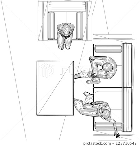 Outline of people sitting on sofa and chair at table. Top view. Vector illustration. 125710542
