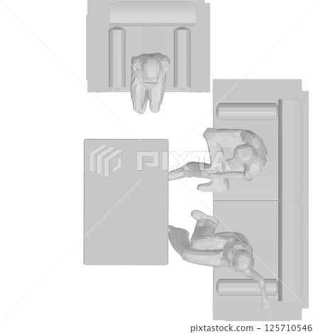 Polygonal model of people sitting on sofa and chair at table. Top view. Vector illustration. 3D Polygonal model of people sitting on sofa and chair at table. Top view. Vector illustration. 3D 125710546