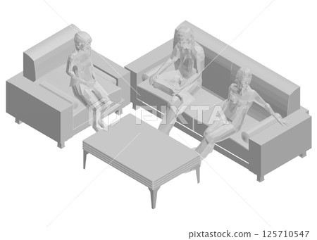 Polygonal model of people sitting on sofa and chair at table. Isometric view. Vector illustration. 3D 125710547