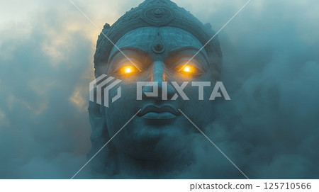 In the early morning light, the massive face of Durga emerges from swirling mist, captivating onlookers during aarti as the atmosphere fills with spirituality and reverence. 125710566