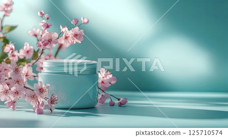 Aesthetic composition of a jar of cream and delicate flowers on a serene blue background, perfect for beauty and lifestyle concepts. 125710574